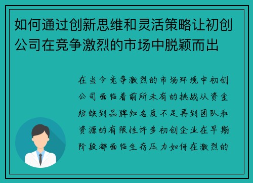 如何通过创新思维和灵活策略让初创公司在竞争激烈的市场中脱颖而出